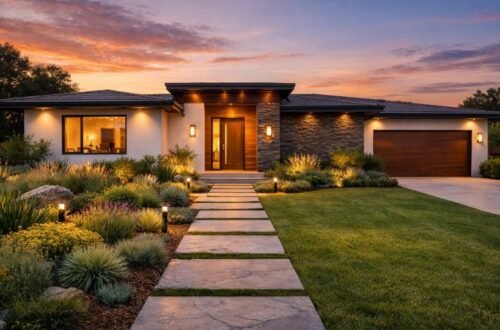 Modern front yard landscape design with stone pathway, native plants, and outdoor lighting