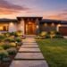 Modern front yard landscape design with stone pathway, native plants, and outdoor lighting