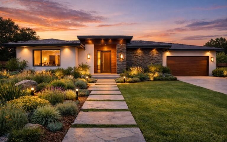 Modern front yard landscape design with stone pathway, native plants, and outdoor lighting