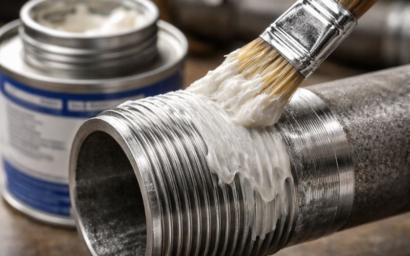 Pipe Dope Application on Threads applying pipe dope on threaded pipe