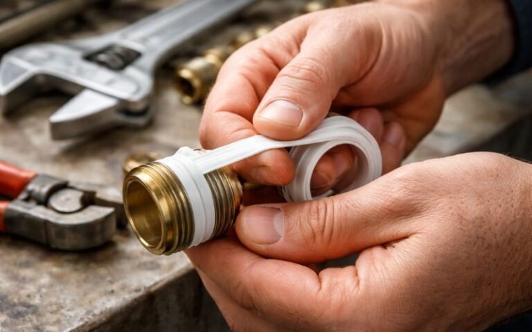 pipe thread sealant application on metal pipe with PTFE tape