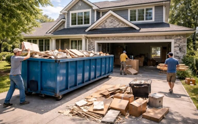 Residential dumpster in driveway during home renovation cleanup