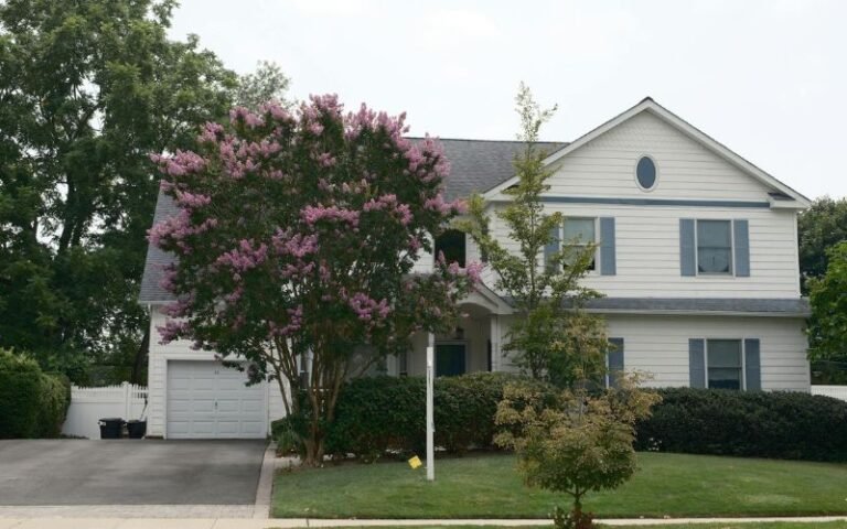 Two-story suburban house with driveway, garage, and trees in a calm residential neighborhood