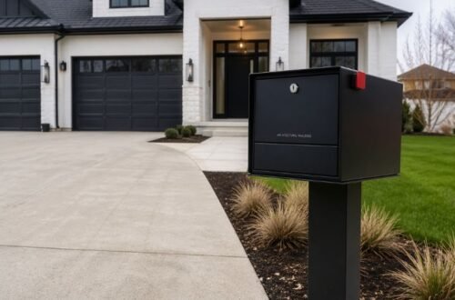 modern locking mailbox installed on post outside home