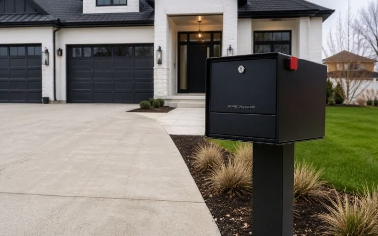 modern locking mailbox installed on post outside home