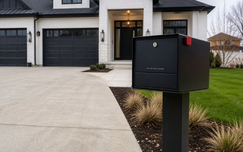 modern locking mailbox installed on post outside home