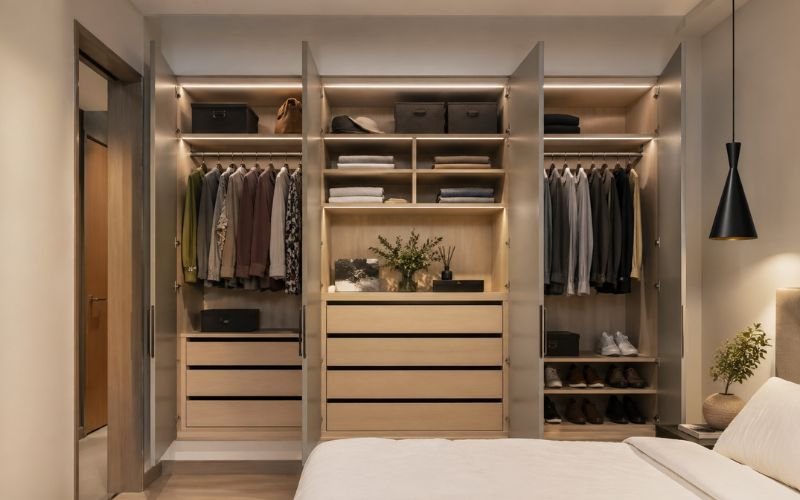 custom fitted wardrobe interior with drawers shelves and hanging space