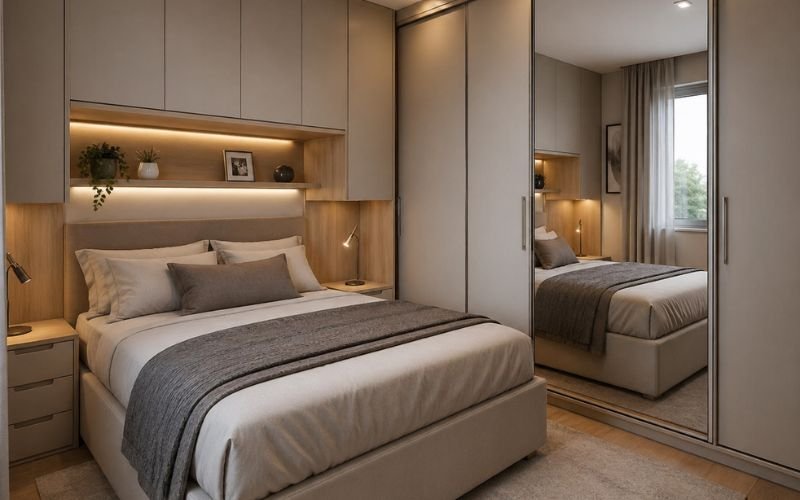 fitted wardrobe in small bedroom with sliding mirror doors and full height storage