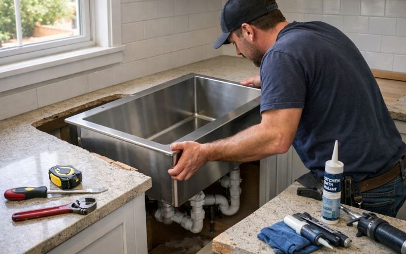 installing stainless steel farmhouse sink into kitchen cabinet plumbing setup
Title: Stainless Steel Farmhouse Sink Installation Process