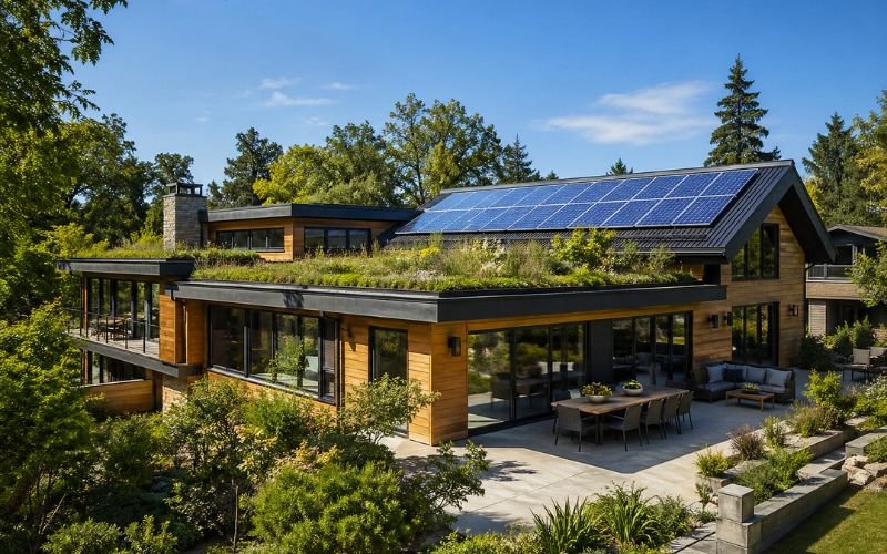 eco friendly house solar panels green roof sustainable home design