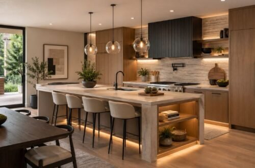 Modern kitchen design trends 2026 with island lighting, wood cabinets and smart appliances