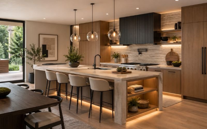 Modern kitchen design trends 2026 with island lighting, wood cabinets and smart appliances