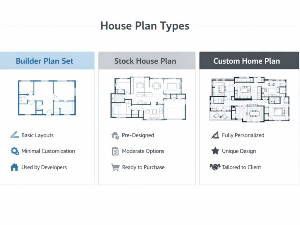 comparison chart of builder, stock, and custom house blueprints