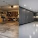 modern garage renovation before and after with epoxy flooring and storage