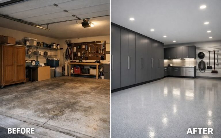 modern garage renovation before and after with epoxy flooring and storage