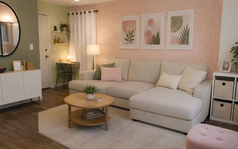 Pink and green apartment living room