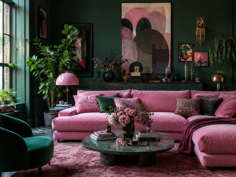Color drenched pink and green living room