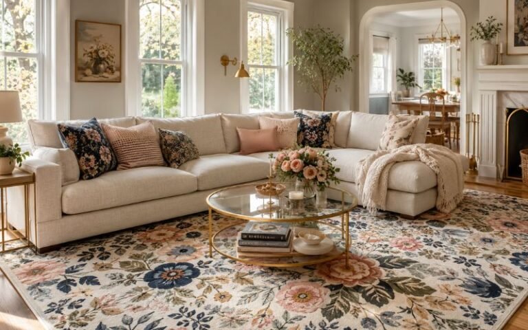 Elegant living room styled with a floral Rifle Paper Co.-inspired rug