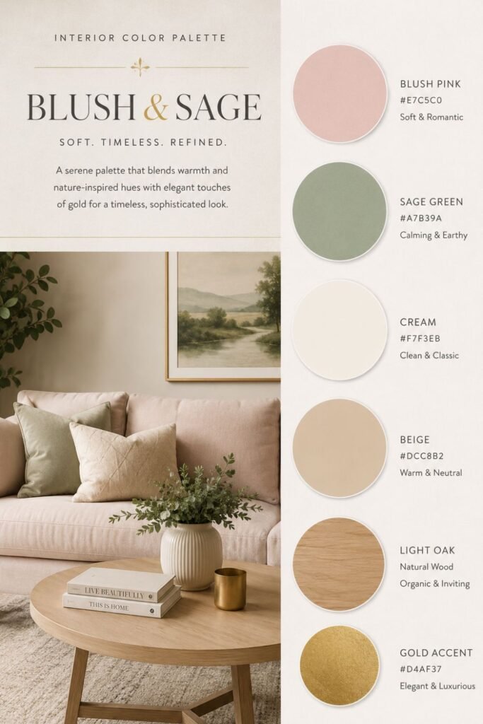 Blush pink and sage green living room palette