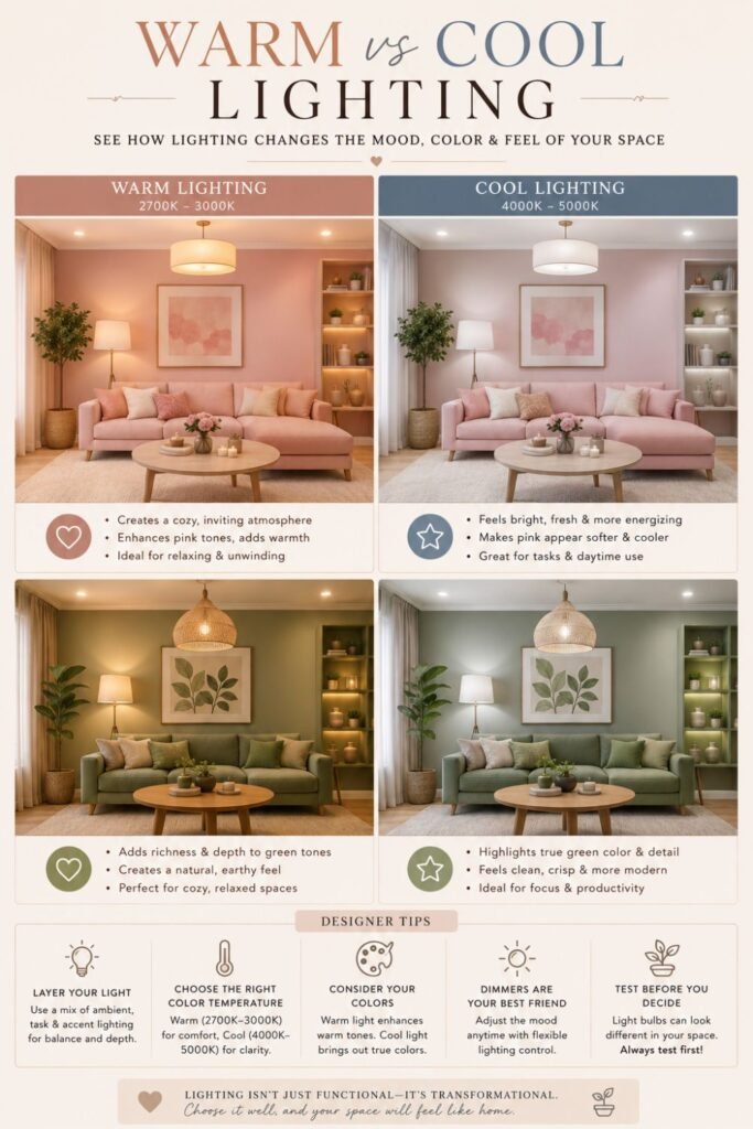 Pink and green living room lighting guide