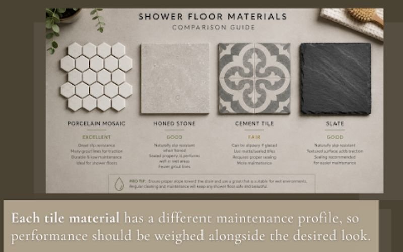 Comparison chart of non-slip shower floor tile materials including porcelain mosaic, honed stone, cement tile, and slate