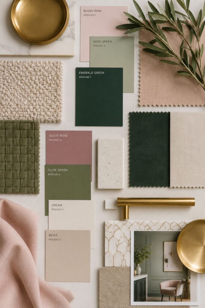 Pink and green living room color palette inspiration