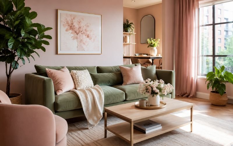 Blush pink living room with sage green sofa