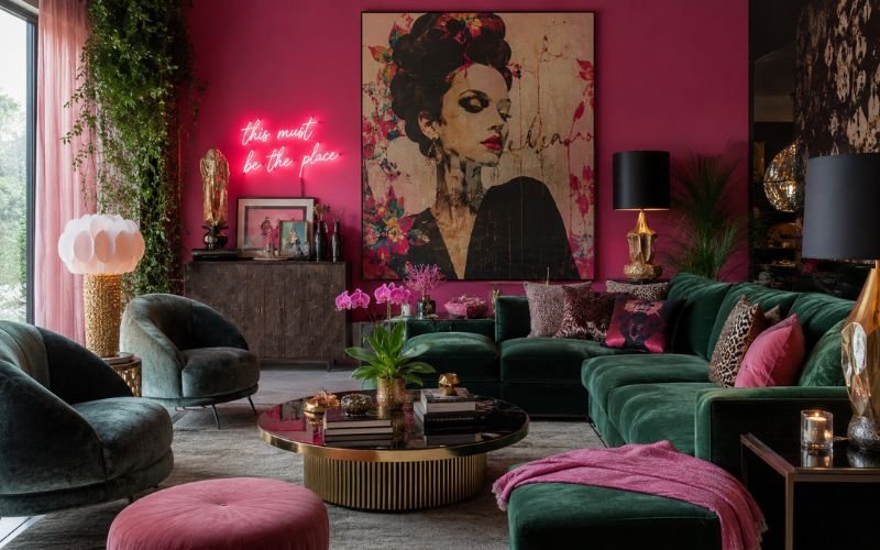 Bold pink and green statement living room