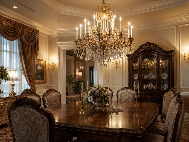 Traditional crystal and gold chandelier in formal dining room