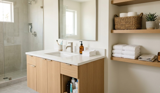 Organized bathroom vanity with open wooden shelves