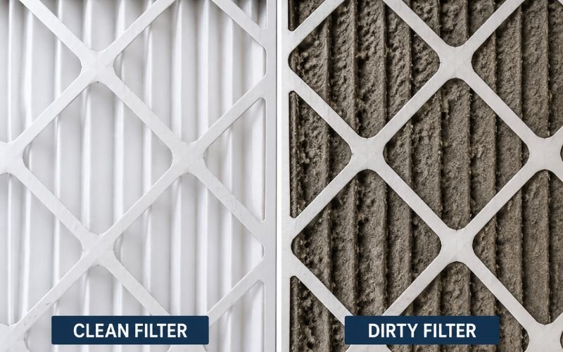 Clean HVAC filter compared to dirty clogged air filter