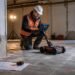 Technician using ground-penetrating radar to scan concrete before drilling during a home renovation