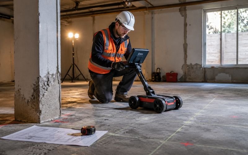 Technician using ground-penetrating radar to scan concrete before drilling during a home renovation
