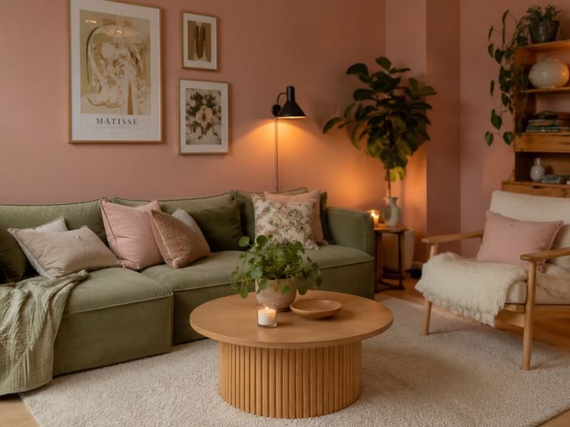 Soft blush pink and sage green cozy living room