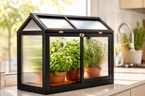 mini indoor greenhouse DIY on kitchen windowsill with herbs