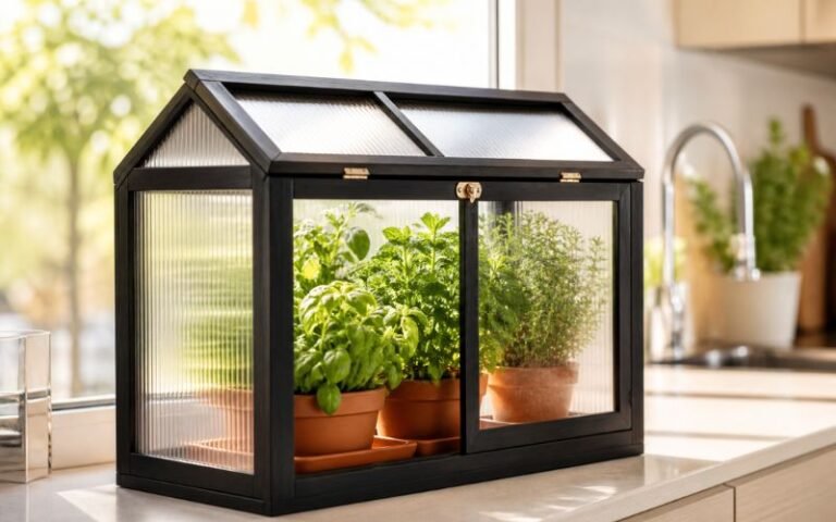 mini indoor greenhouse DIY on kitchen windowsill with herbs
