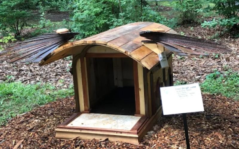 Designer dog house integrated into a pet-friendly landscape