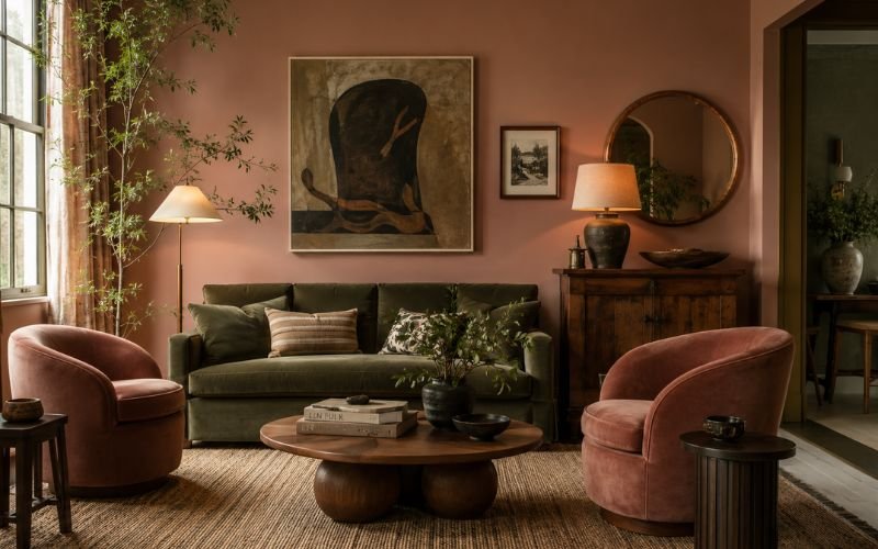Dusty rose and olive green living room design