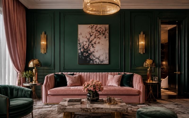Emerald green walls with blush velvet sofa