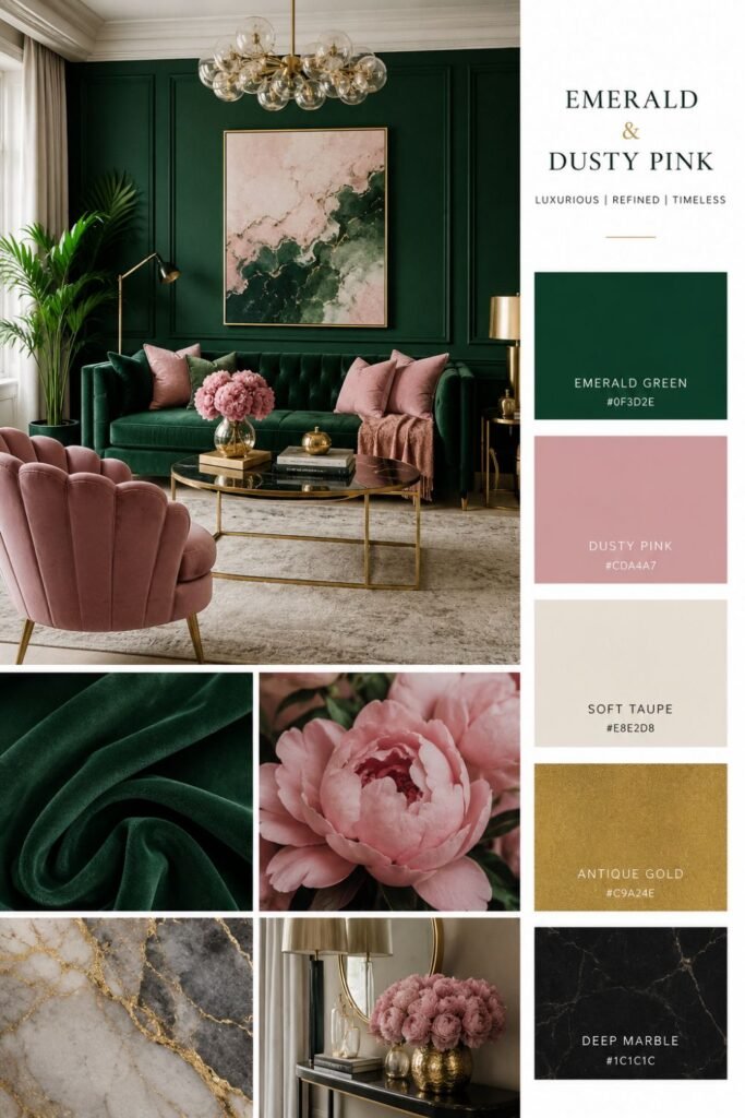 Emerald green and dusty pink palette