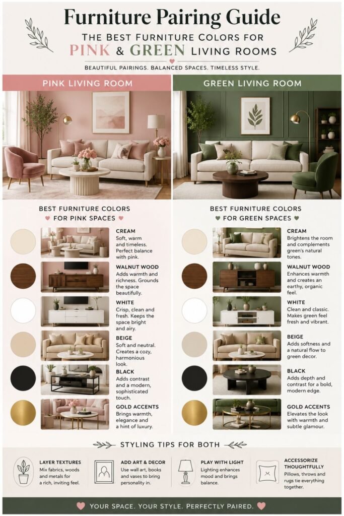 Best furniture colors for pink and green living rooms