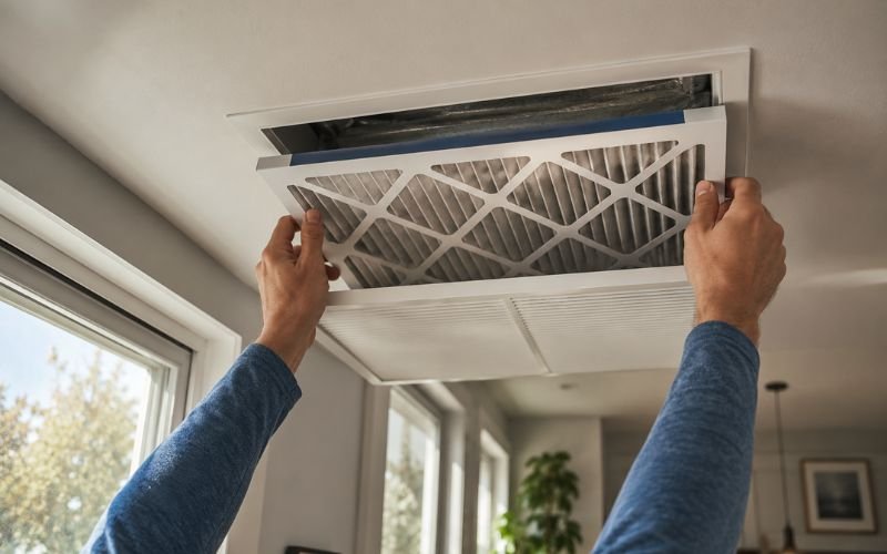 Homeowner replacing HVAC air filter in modern home ventilation system