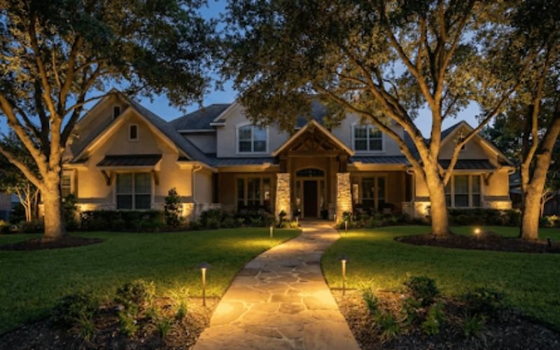 Luxury home exterior with layered landscape lighting along pathway and trees