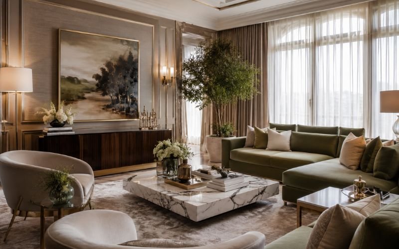 Luxury living room with layered lighting and warm ambiance