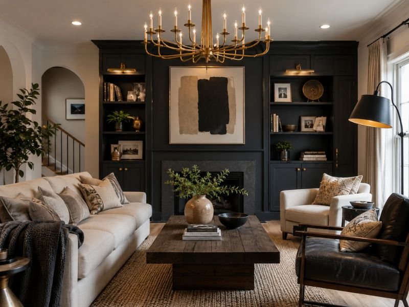 Gold chandelier paired with black floor lamp in living room