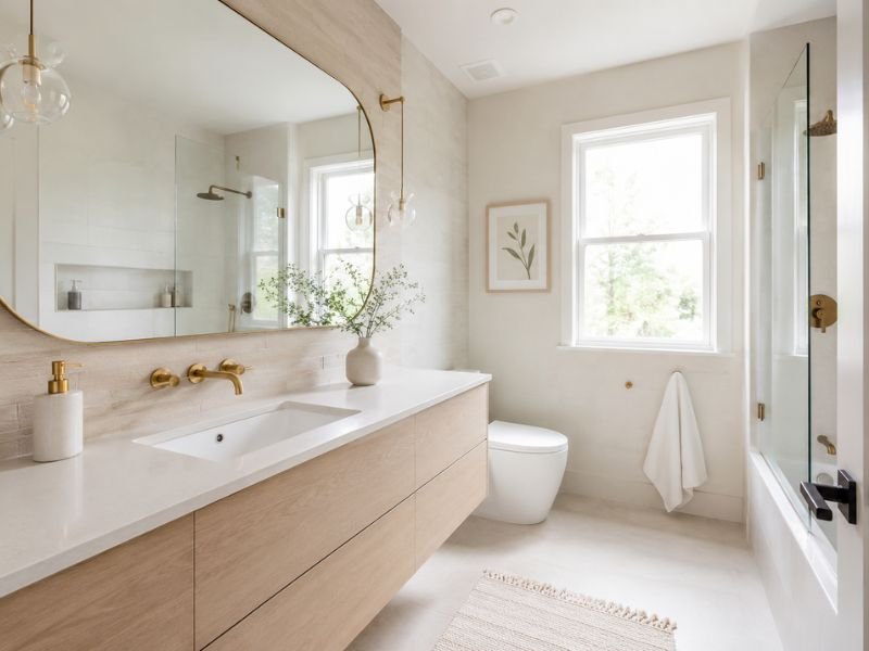 Light-colored small bathroom with monochromatic design