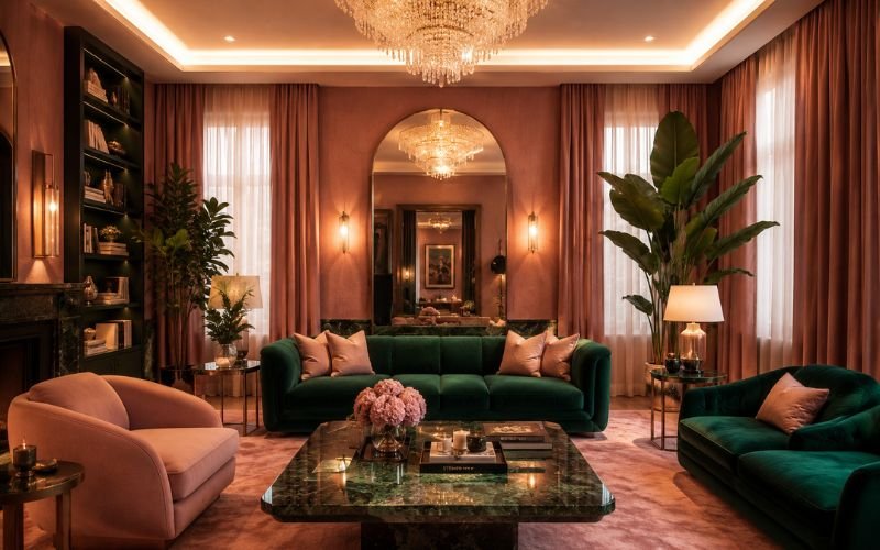 Hotel inspired pink and green lounge
