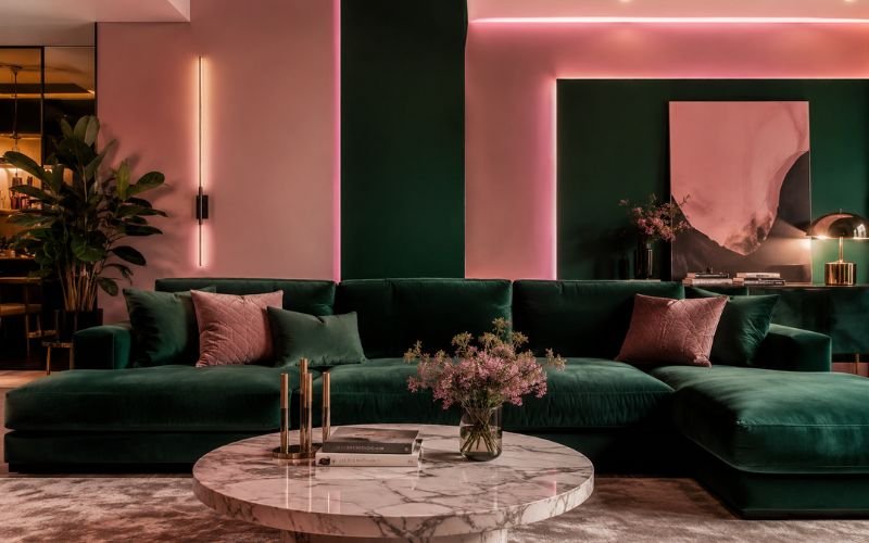 Emerald green sofa with pink lighting