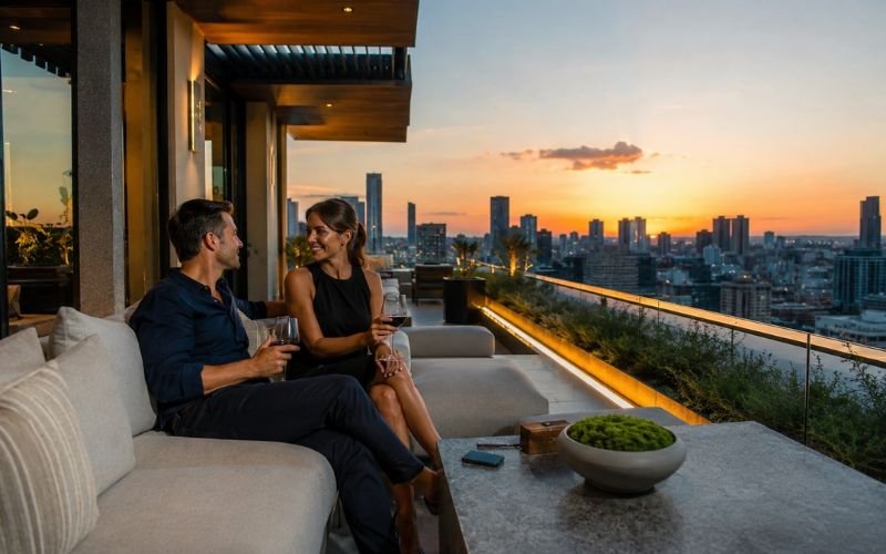 Couple enjoying luxury penthouse rooftop lifestyle