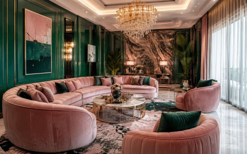 Luxury emerald green and blush pink living room